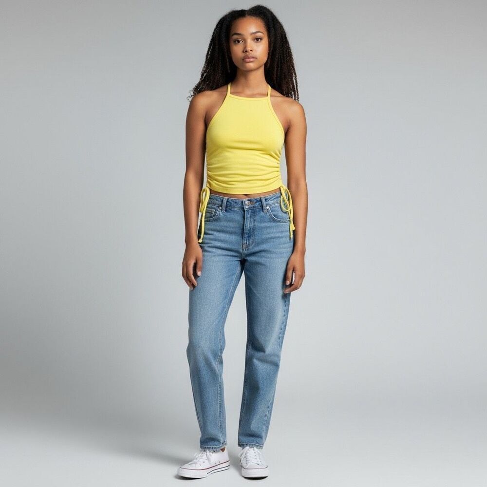YMI Solid Yellow Sleeveless High Neck Crop Top Adjustable Length Drawstring M